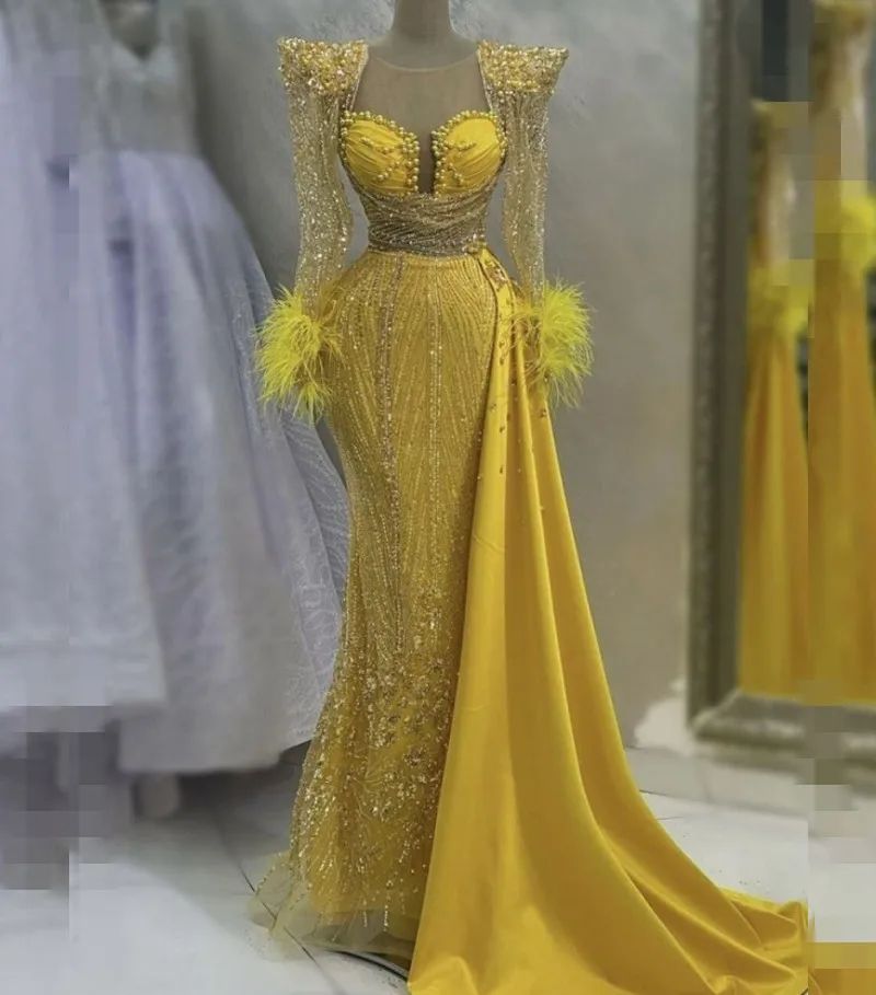 Chic Yellow Mermaid Evening Dresses 2025 Long Sleeves Pearls Feather Wedding Party Dress For Women Vestido De Gala Customized
Chic Yellow Mermaid Evening Dresses 2025 Long Sleeves Pearls Feather Wedding Party Dress For Women Vestido De Gala Customized