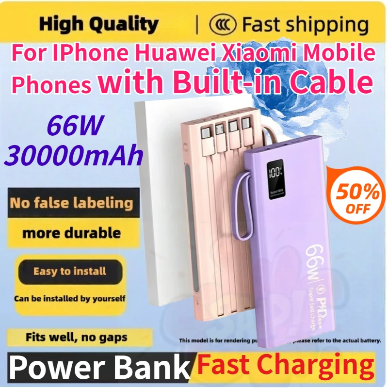 New 30000mAh 66W Power Bank with Built-in Cable for IPhone Huawei and Xiaomi Mobile Phones Fast Charging PowerBank
New 30000mAh 66W Power Bank with Built-in Cable for IPhone Huawei and Xiaomi Mobile Phones Fast Charging PowerBank