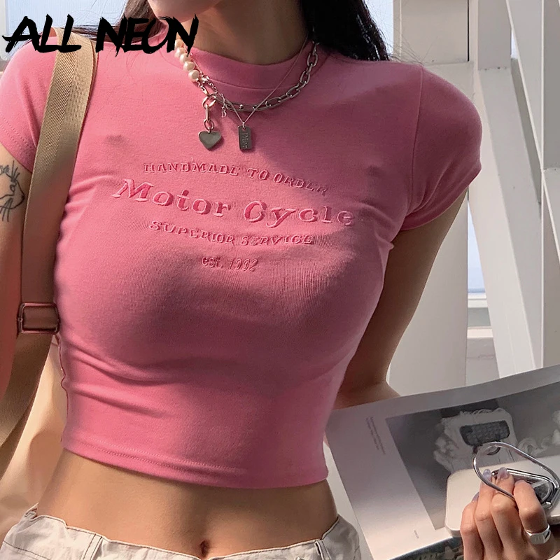 ALLNeon Pink Short Sleeve T-shirts Cyber Y2K Trim Round Neck Letter Embroidery Crop Tops Casual Women Streetwear Kawaii T Shirt
ALLNeon Pink Short Sleeve T-shirts Cyber Y2K Trim Round Neck Letter Embroidery Crop Tops Casual Women Streetwear Kawaii T Shirt