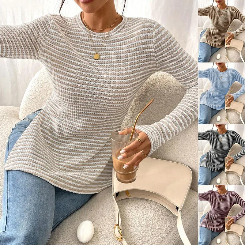 Women's Long Sleeve T Shirt Round Neck Solid Striped Knit Slim Fit Beige Top For Woman Women Clothing
Women's Long Sleeve T Shirt Round Neck Solid Striped Knit Slim Fit Beige Top For Woman Women Clothing