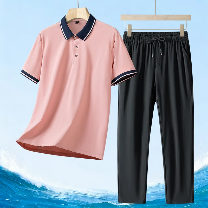 Men's Pink Contrast Trim Polo Shirt and Drawstring Long Pants Two-Piece Casual Summer Set
Men's Pink Contrast Trim Polo Shirt and Drawstring Long Pants Two-Piece Casual Summer Set