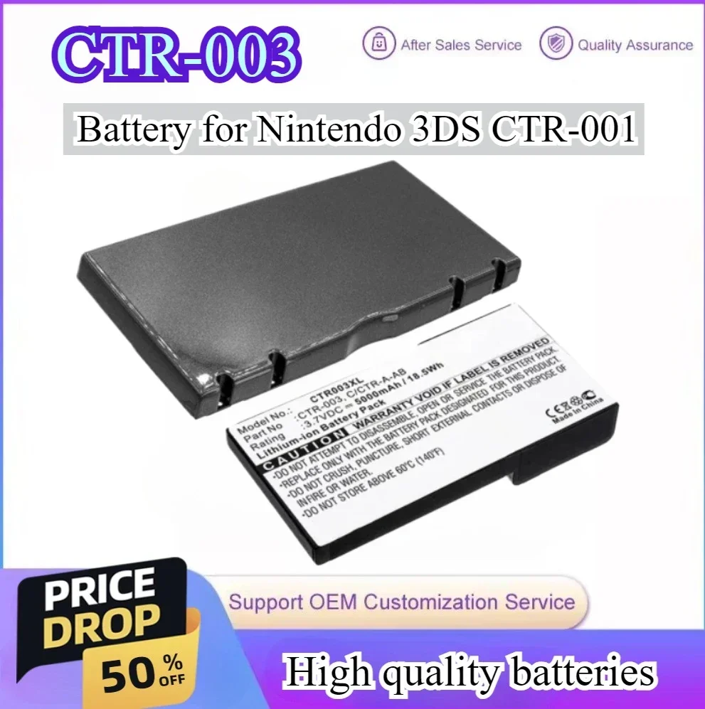 5000mAh Game Console Battery for Nintendo 3DS CTR-001 N3DS MIN-CTR-001 CTR-003 C/CTR-A-AB CTR003XL Replacement 3.7V Bateria 
5000mAh Game Console Battery for Nintendo 3DS CTR-001 N3DS MIN-CTR-001 CTR-003 C/CTR-A-AB CTR003XL Replacement 3.7V Bateria
