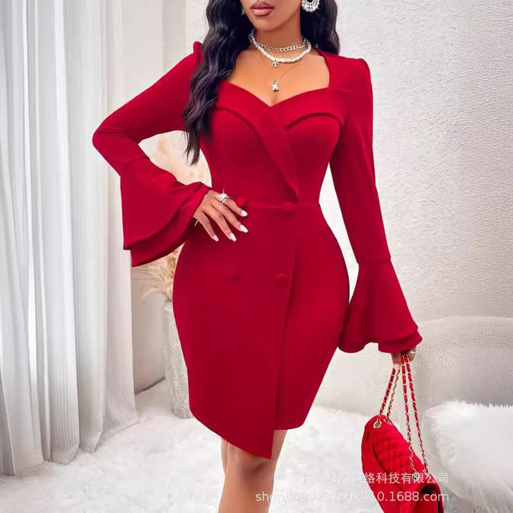 Women's Clothing New Solid Color V-neck Double Breasted Bell Sleeve Slim Fit Dress Fashion Casual Mini Dress
Women's Clothing New Solid Color V-neck Double Breasted Bell Sleeve Slim Fit Dress Fashion Casual Mini Dress