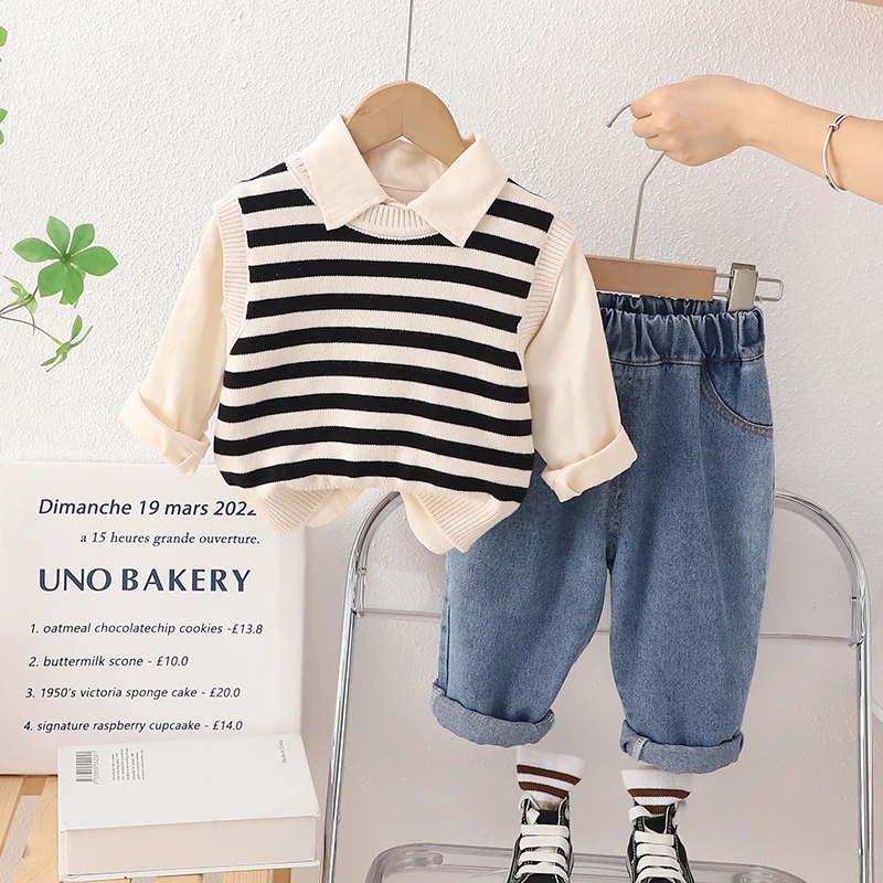 2023 Autumn Children Clothing Sets for Baby Boys Stripe Knitted Vest Shirt Jeans Infant Clothes Outfits Toddler Kids Tracksuit
2023 Autumn Children Clothing Sets for Baby Boys Stripe Knitted Vest Shirt Jeans Infant Clothes Outfits Toddler Kids Tracksuit