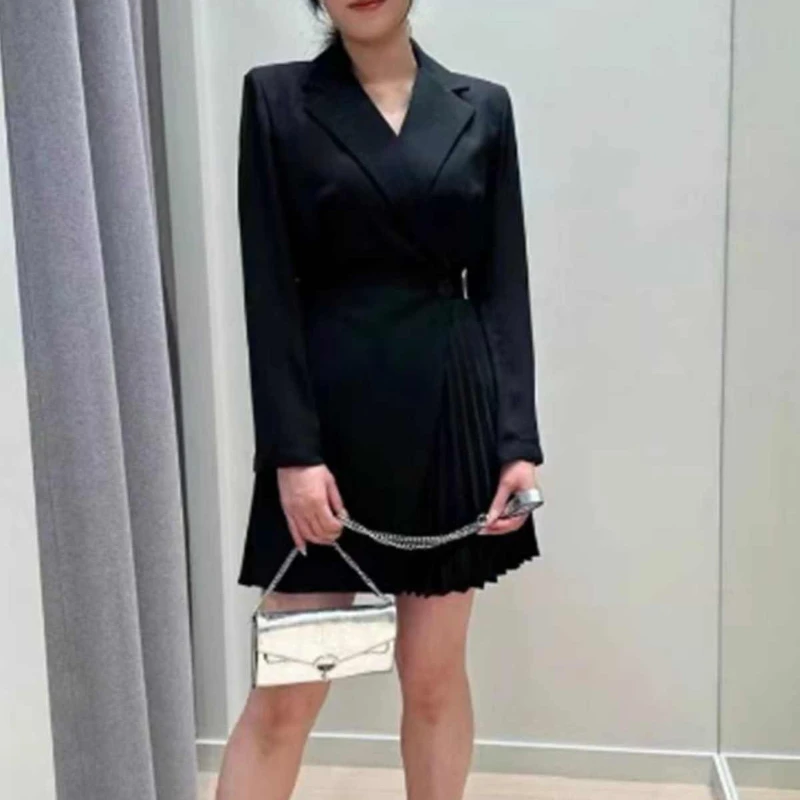 Women black pleated slim dress single breasted long sleeve office ladies elegant mini dress
Women black pleated slim dress single breasted long sleeve office ladies elegant mini dress