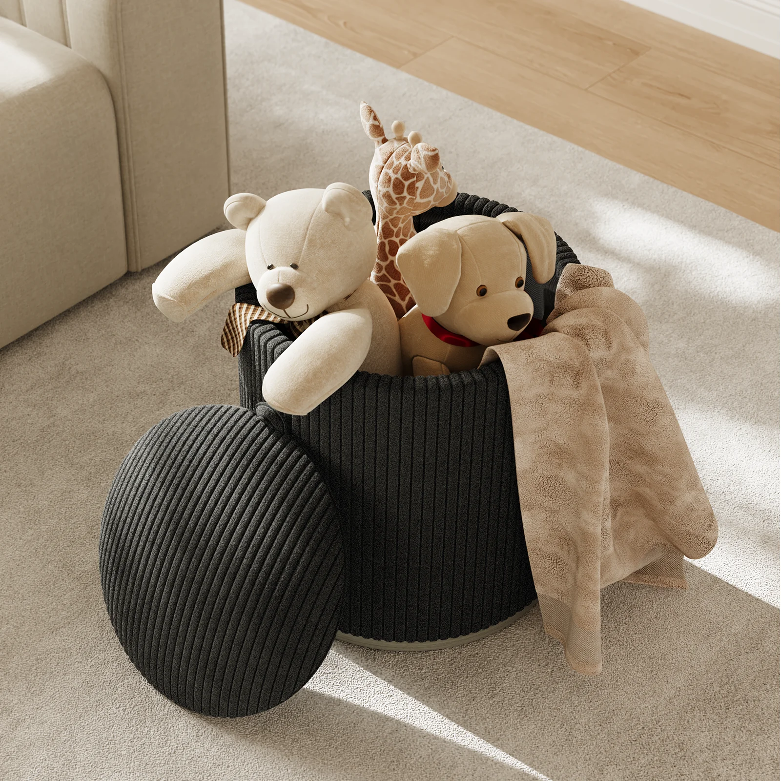 18.1" Round Storage Ottoman,Removable Lid-Makeup Vanity Stool, Wood Base Upholstered Footrest for Living Room&Bedroom(Black) 
18.1" Round Storage Ottoman,Removable Lid-Makeup Vanity Stool, Wood Base Upholstered Footrest for Living Room&Bedroom(Black)
