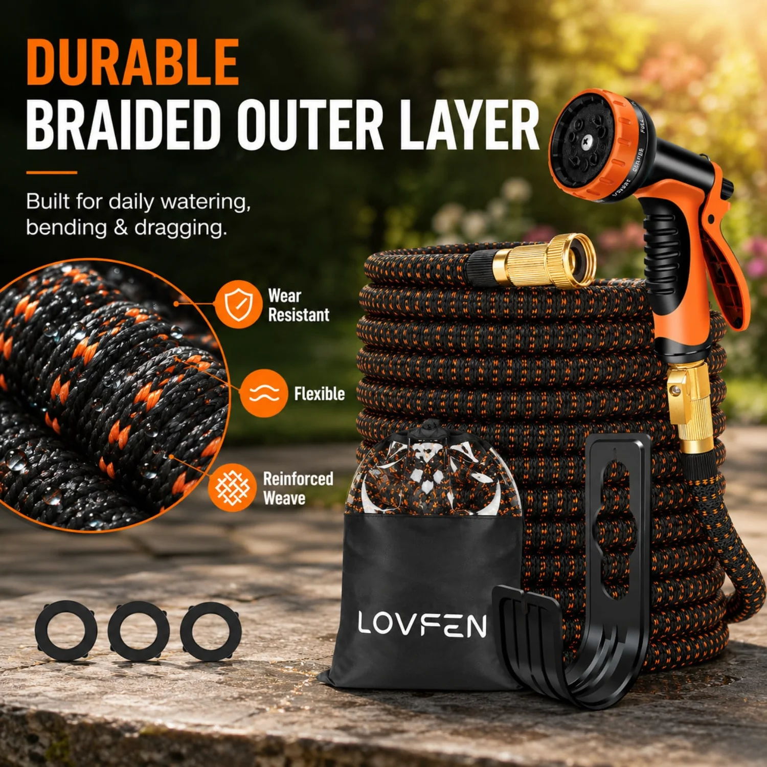 LOVFEN Expandable Garden Hose Set With 10-Function Spray Nozzle, Lightweight No-Kink Flexible Water Hose With US Standard Brass
LOVFEN Expandable Garden Hose Set With 10-Function Spray Nozzle, Lightweight No-Kink Flexible Water Hose With US Standard Brass