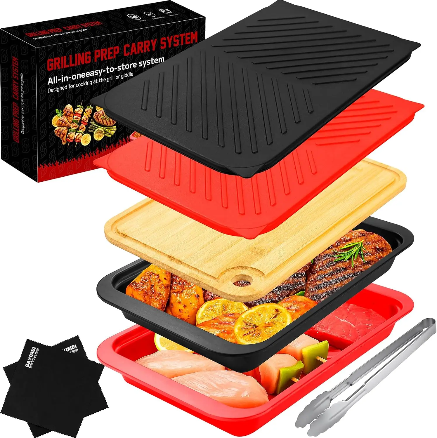 BBQ Grill Carry Tray Set with Lids, Cutting Board & Tong, Deep Nesting Platters for Prepping, Marinating & Serving, Dishwasher Safe, Red & Black
BBQ Grill Carry Tray Set with Lids, Cutting Board & Tong, Deep Nesting Platters for Prepping, Marinating & Serving, Dishwasher Safe, Red & Black