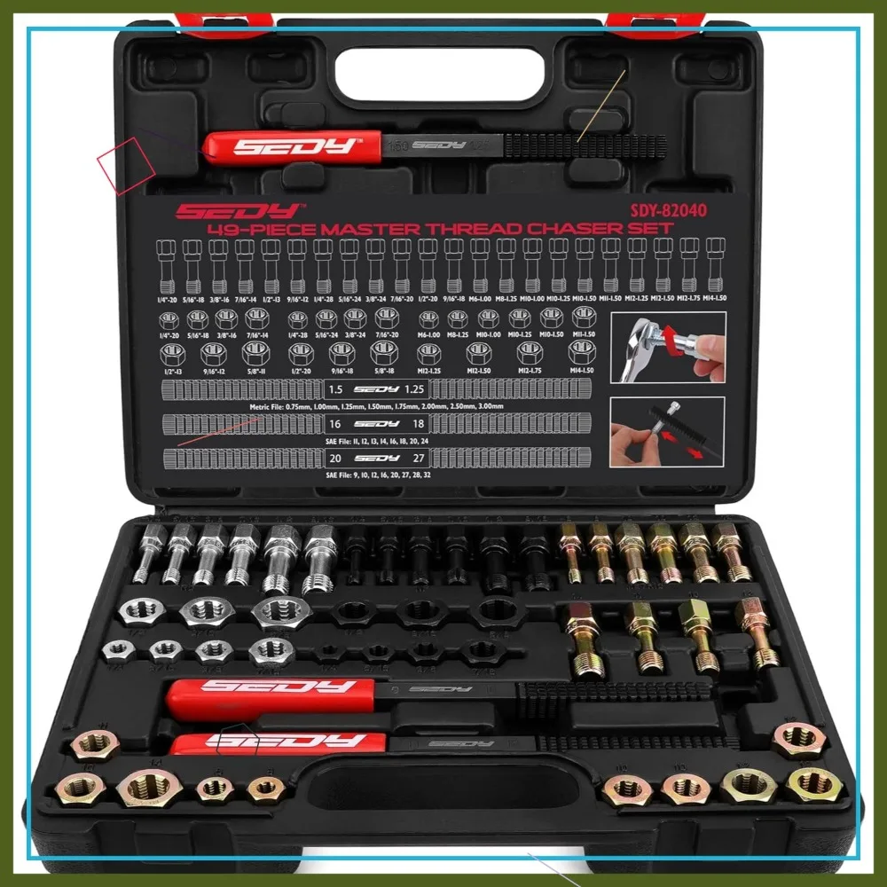 Набор инструментов для ремонта резьбы, 49 шт., метрический SAE UNC UNF, набор для очистки резьбонарезки резьбы для автомобилей
Набор инструментов для ремонта резьбы, 49 шт., метрический SAE UNC UNF, набор для очистки резьбонарезки резьбы для автомобилей