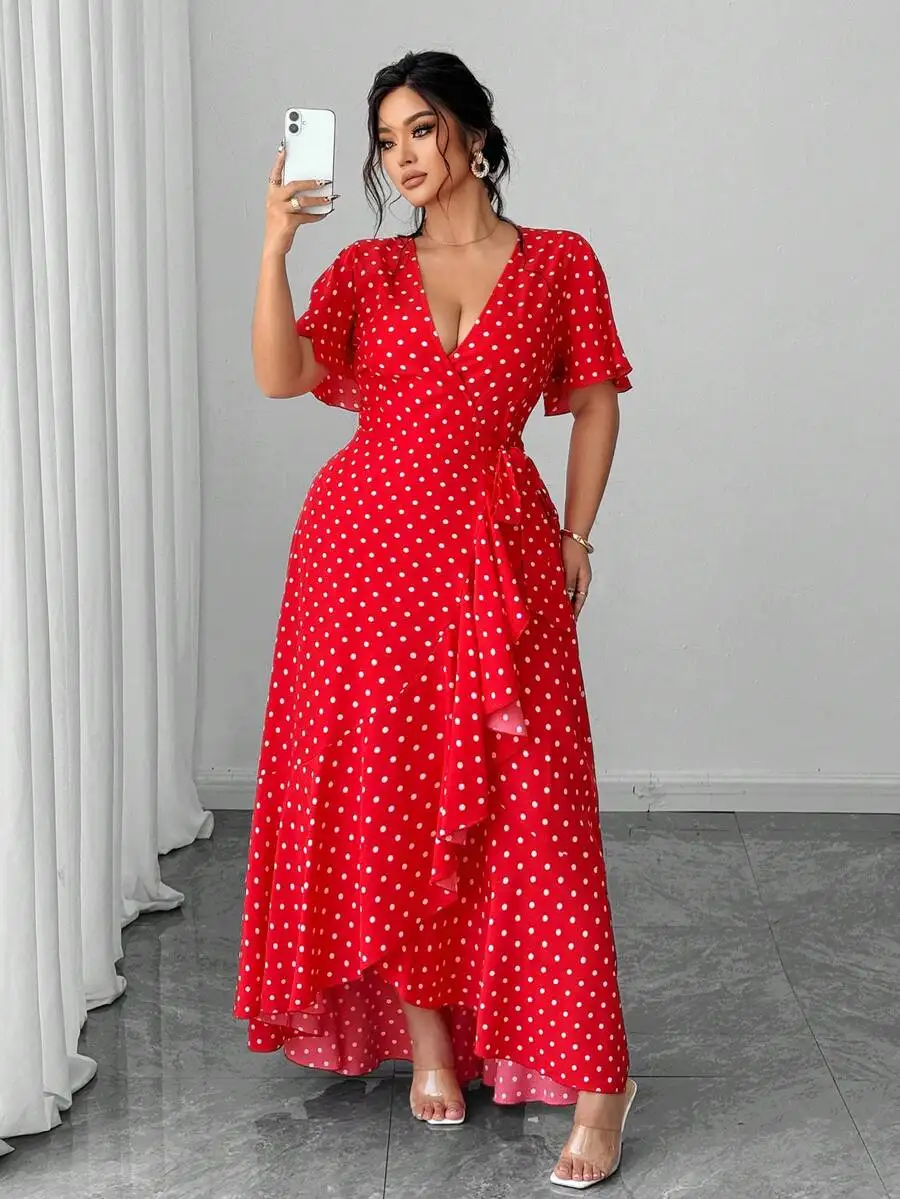 Red Polka Dot Wrap Dress with Tie Waist, Ruffle Hem and Side Slit
Red Polka Dot Wrap Dress with Tie Waist, Ruffle Hem and Side Slit