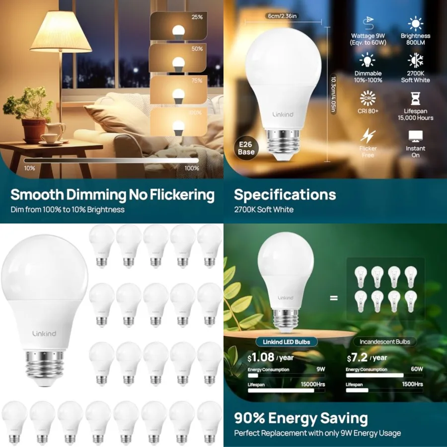 A19 Dimmable LED Light Bulbs, 60W Equivalent, 9W, 2700K e, 800 Lumens, E26 Standard Base, Lighting for Bedroom Living Room Home
A19 Dimmable LED Light Bulbs, 60W Equivalent, 9W, 2700K e, 800 Lumens, E26 Standard Base, Lighting for Bedroom Living Room Home