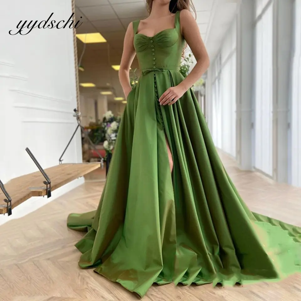 2022 Green High Slit Sweetheart Prom Dresses Elegant Sleeveless Button Satin Women Party Gown Formal Evening Vestidos De Gala
2022 Green High Slit Sweetheart Prom Dresses Elegant Sleeveless Button Satin Women Party Gown Formal Evening Vestidos De Gala