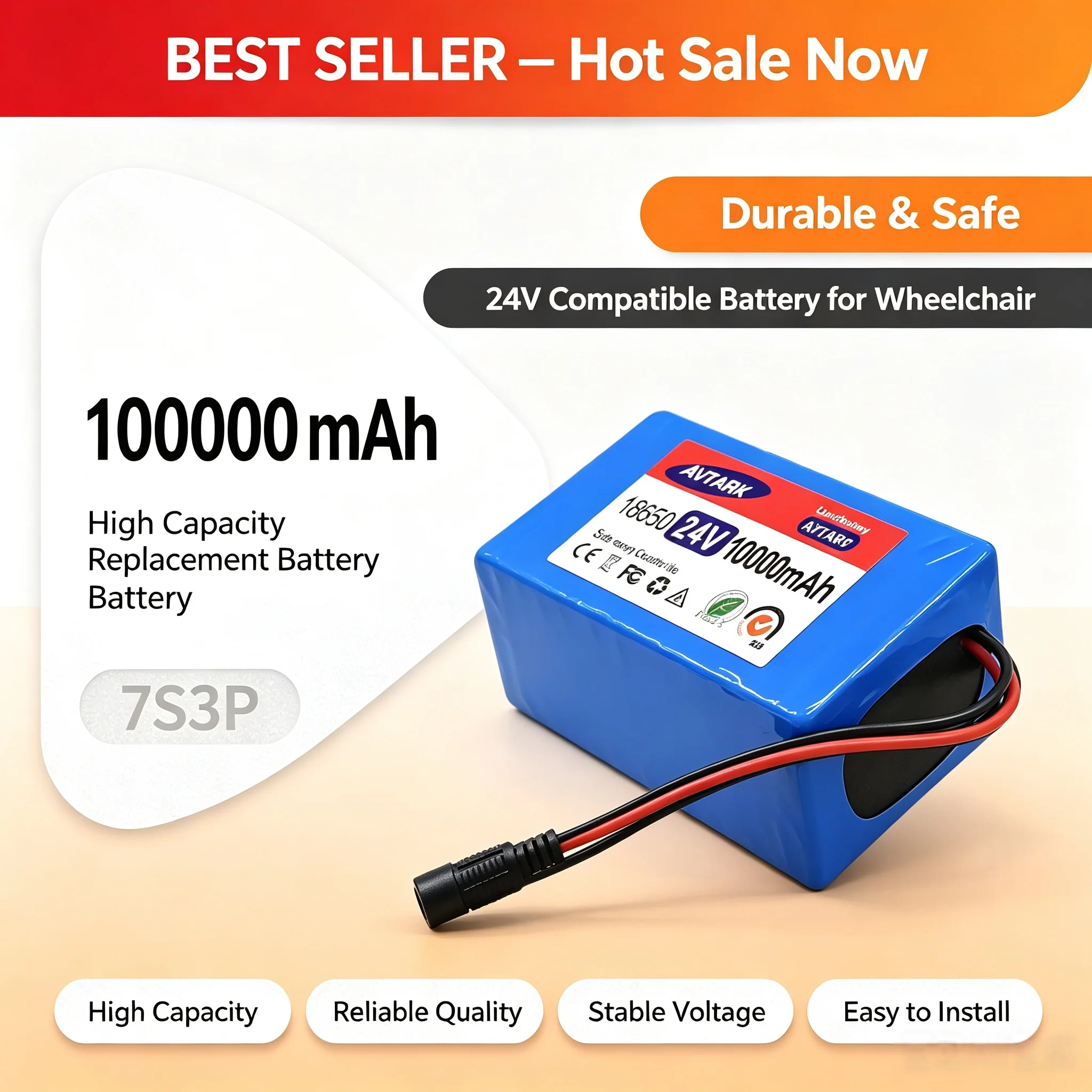 24V 100Ah 7S3P 18650 Li-ion Battery Pack Full Charge 29.4V Replacement Power For Electric Wheelchair With 2A US EU Charger
24V 100Ah 7S3P 18650 Li-ion Battery Pack Full Charge 29.4V Replacement Power For Electric Wheelchair With 2A US EU Charger