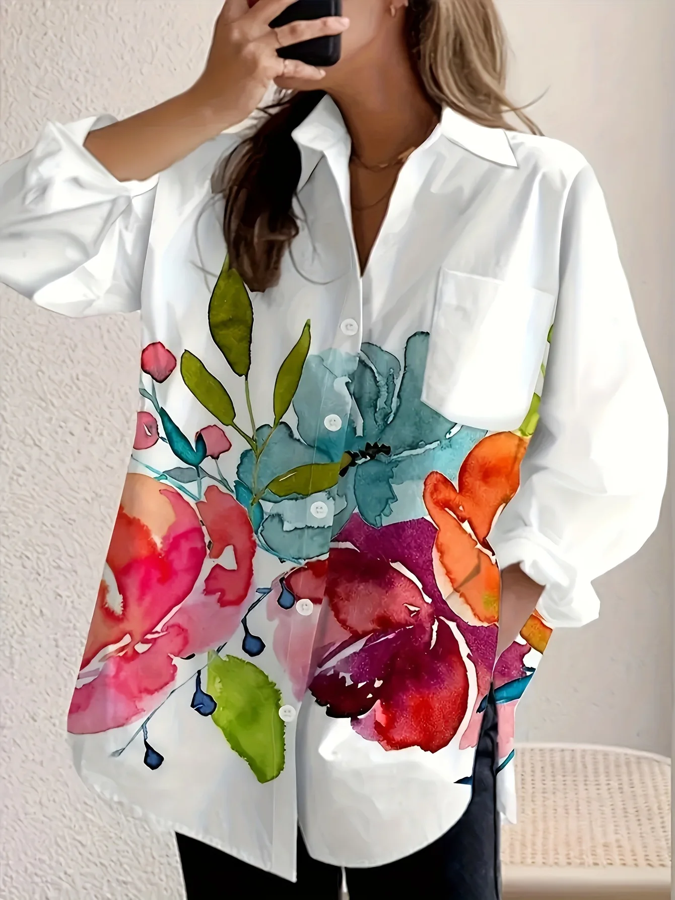 Women's White Watercolor Floral Print Shirt Oversized Long Sleeve Blouse Stylish Casual Artistic Office Daily Streetwear Outfit
Women's White Watercolor Floral Print Shirt Oversized Long Sleeve Blouse Stylish Casual Artistic Office Daily Streetwear Outfit