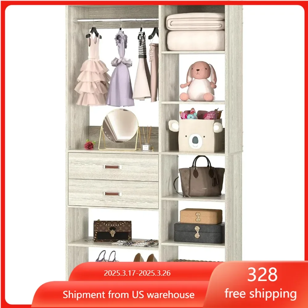 Stand-alone Wardrobe with 10 Shelves,Adjustable Cloth Garment Rack with 2 Wood Drawers, Wood Walk-in Closet with Hanging Rod
Stand-alone Wardrobe with 10 Shelves,Adjustable Cloth Garment Rack with 2 Wood Drawers, Wood Walk-in Closet with Hanging Rod