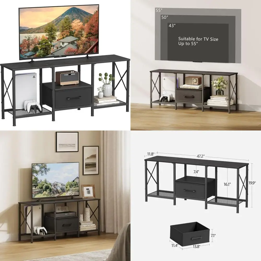 Industrial Style Fabric-Drawer TV Stand, Entertainment Center for 50-55 TVs, Open Shelves Console Table for Living Spaces, Black
Industrial Style Fabric-Drawer TV Stand, Entertainment Center for 50-55 TVs, Open Shelves Console Table for Living Spaces, Black