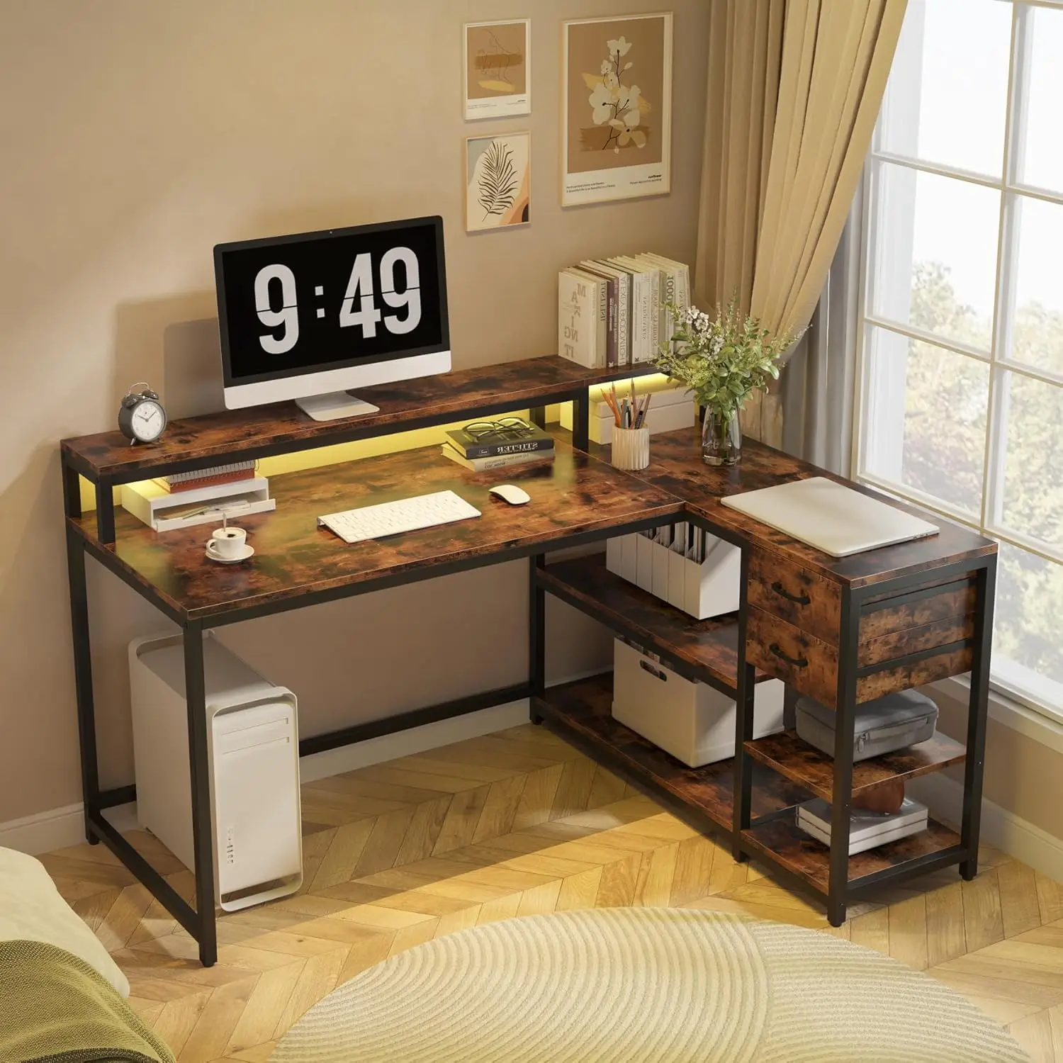 L Shaped Desk with Drawers and Storage Shelves, Home Office L Corner Desk with Monitor Stand, 55" x 24" Desktop Computer Table,
L Shaped Desk with Drawers and Storage Shelves, Home Office L Corner Desk with Monitor Stand, 55" x 24" Desktop Computer Table,