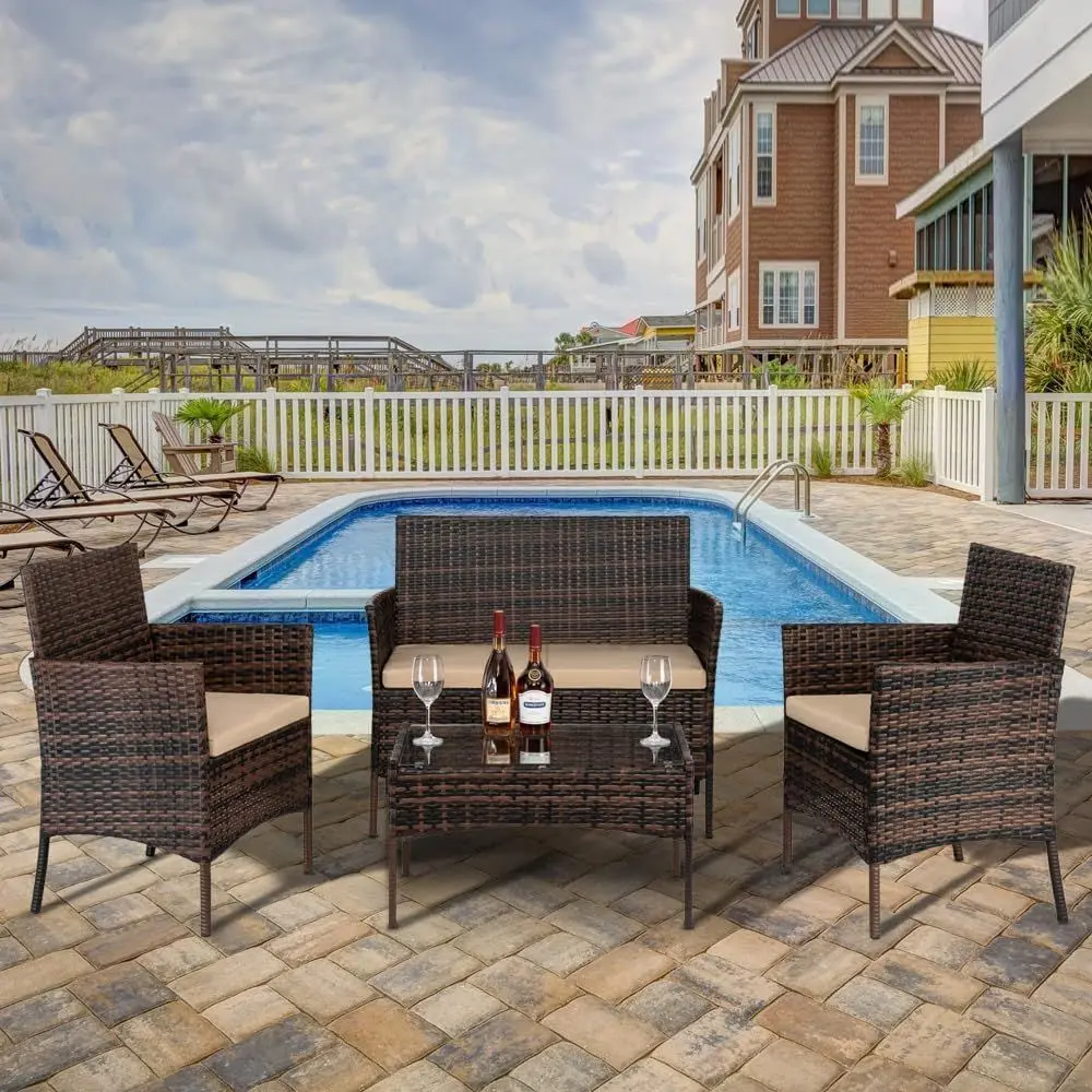4 Pieces Wicker Bistro Contion Set,Outdoor Patio urniture Set,All-Weather Rattan Outdoor Contion Soa Set,with Glass Coee Table &
4 Pieces Wicker Bistro Contion Set,Outdoor Patio urniture Set,All-Weather Rattan Outdoor Contion Soa Set,with Glass Coee Table &
