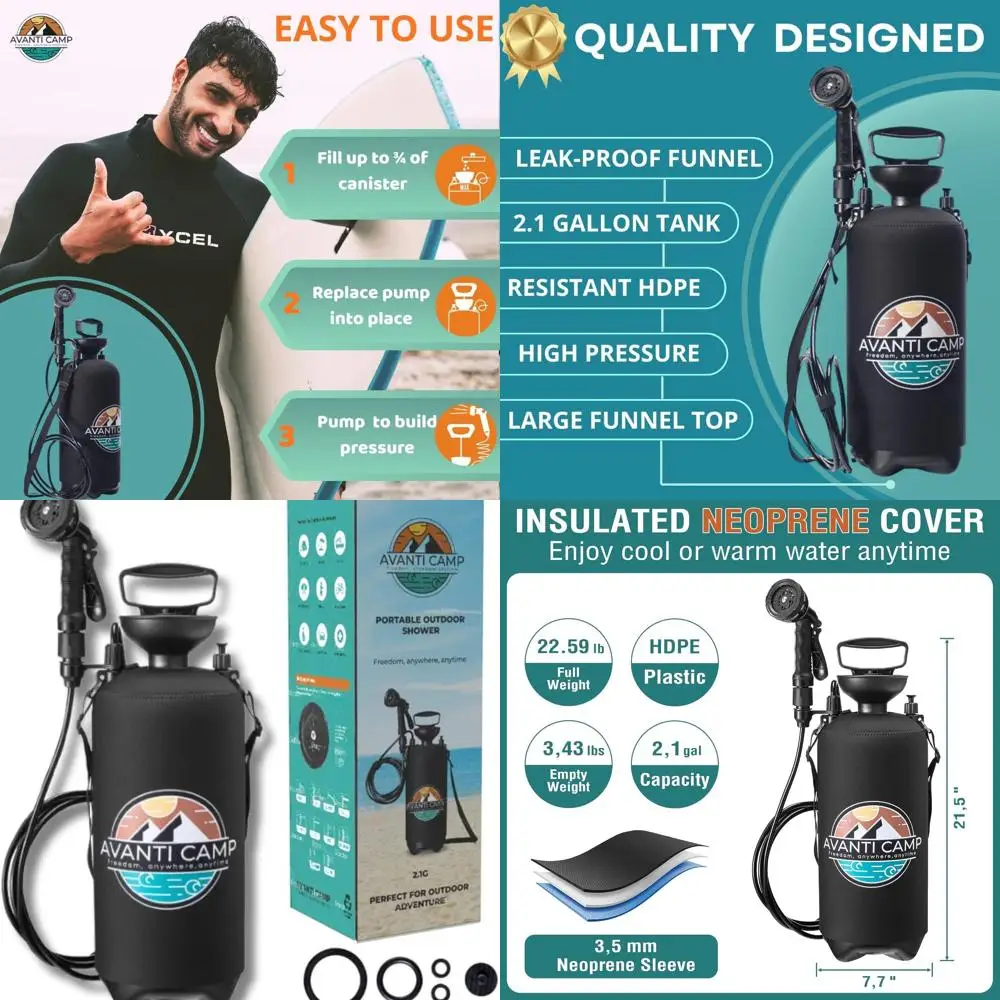 Portable Hand-Pumped Outdoor Shower Kit - Pressurized Sprayer for Beach, Camping, Pets & Gear with Insulated Cover - 2.1 Gallon
Portable Hand-Pumped Outdoor Shower Kit - Pressurized Sprayer for Beach, Camping, Pets & Gear with Insulated Cover - 2.1 Gallon