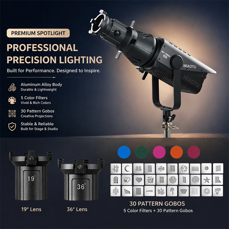 Bowens Mount Optical Snoot Projector with 19° 36° Lens, 30 Gobos & Filters for Studio LED Flash Light
Bowens Mount Optical Snoot Projector with 19° 36° Lens, 30 Gobos & Filters for Studio LED Flash Light