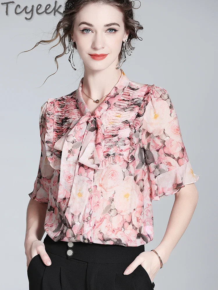Tcyeek 100% Mulberry Silk Blouse Woman Floral Elegant Tops for Woman Clothing Summer High Quality Shirts New Блузка Женская
Tcyeek 100% Mulberry Silk Blouse Woman Floral Elegant Tops for Woman Clothing Summer High Quality Shirts New Блузка Женская
