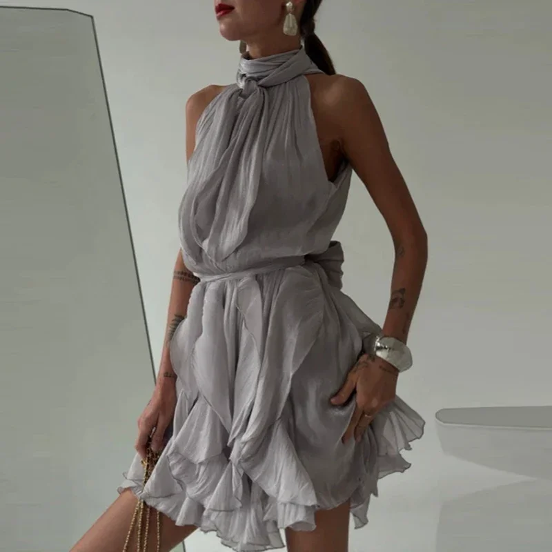 Sexy Hanging Neck Butterfly Waist Mini Dress Elegant Fairy Pure Solid Evening Dress Women Casual Sleeveless Draped Party Dress
Sexy Hanging Neck Butterfly Waist Mini Dress Elegant Fairy Pure Solid Evening Dress Women Casual Sleeveless Draped Party Dress