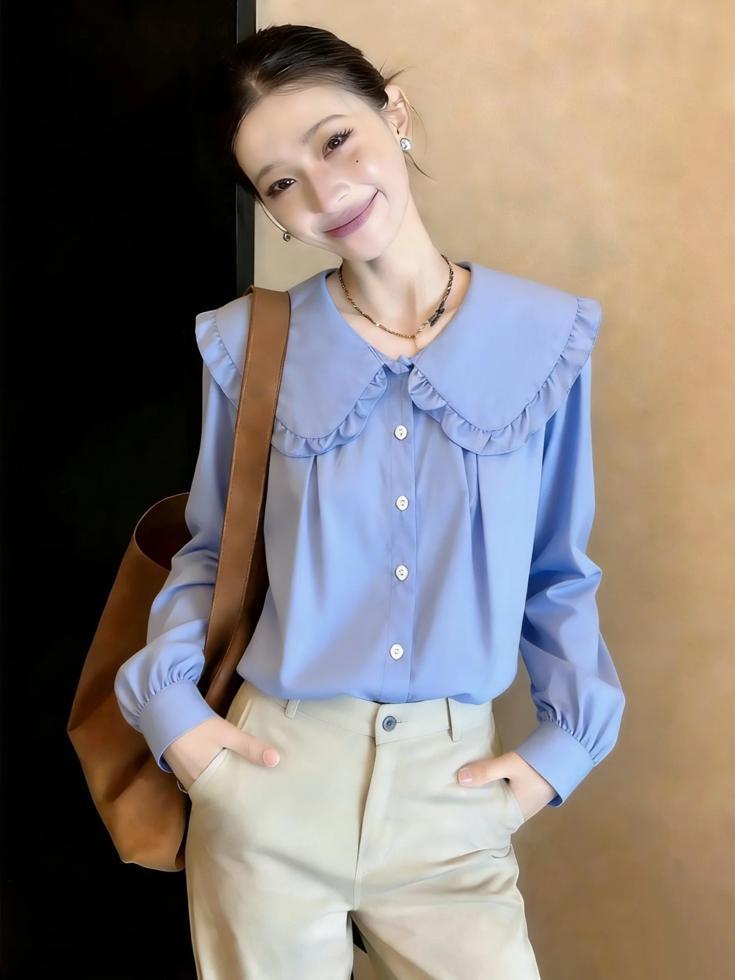 Wooden Doll Collar Long Sleeve Shirt Women's Spring New Style plus Size Cute Anti-Aging Top Korean Style Loose Fit
Wooden Doll Collar Long Sleeve Shirt Women's Spring New Style plus Size Cute Anti-Aging Top Korean Style Loose Fit