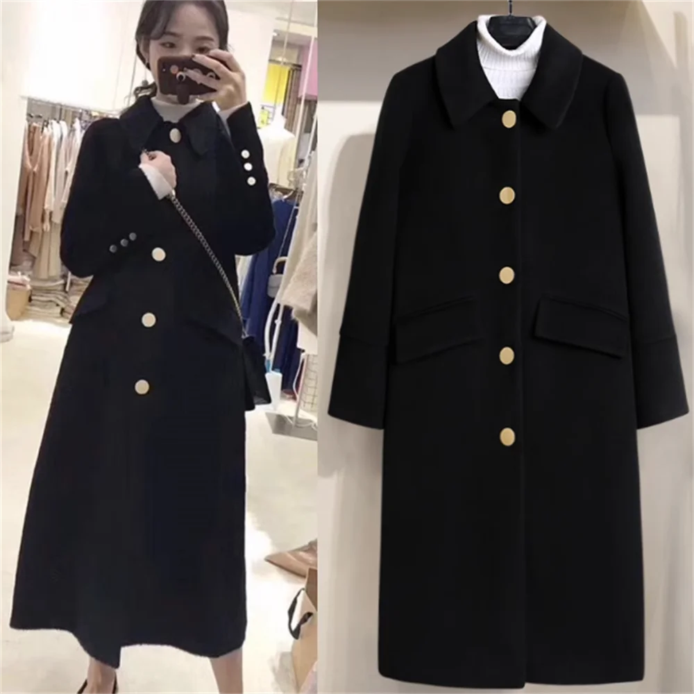 Woolen coat women long winter new Hepburn black Single breasted buckle thickened double-sided coat
Woolen coat women long winter new Hepburn black Single breasted buckle thickened double-sided coat