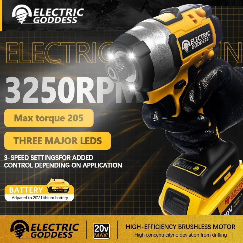 Electric Goddess DCF850 Cordless Impact Driver Tool Brushless Motor 205NM Cordless Impact Drill Tool For 20V Dewalt Battery
Electric Goddess DCF850 Cordless Impact Driver Tool Brushless Motor 205NM Cordless Impact Drill Tool For 20V Dewalt Battery