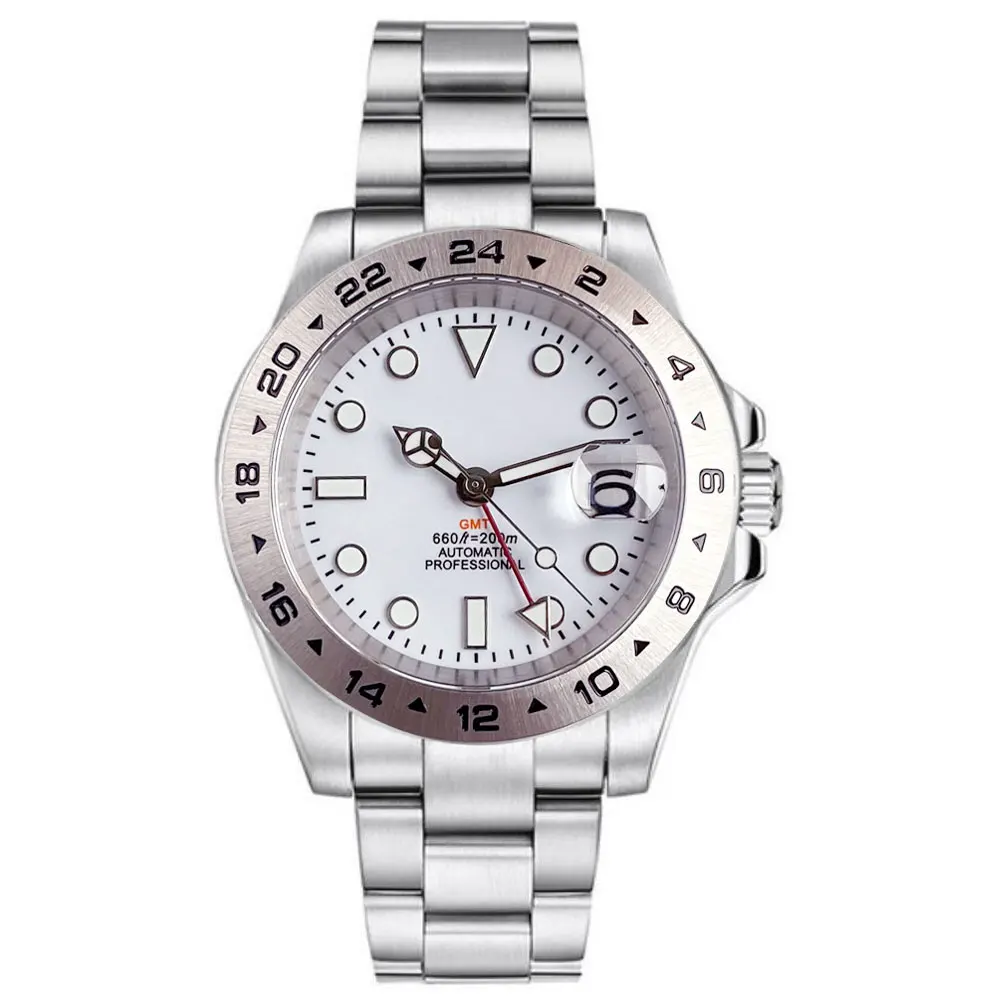 Business Style Fixed Bezel 40mm NH34 GMT Automatic Mechanical Watch Men Nologo White Dial Luminous Sapphire Crystal 20ATM Swim
Business Style Fixed Bezel 40mm NH34 GMT Automatic Mechanical Watch Men Nologo White Dial Luminous Sapphire Crystal 20ATM Swim