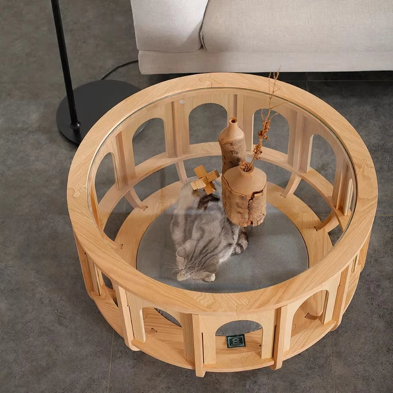 Living room creative solid wood round glass coffee table modern simple tea table household cat pet side
Living room creative solid wood round glass coffee table modern simple tea table household cat pet side