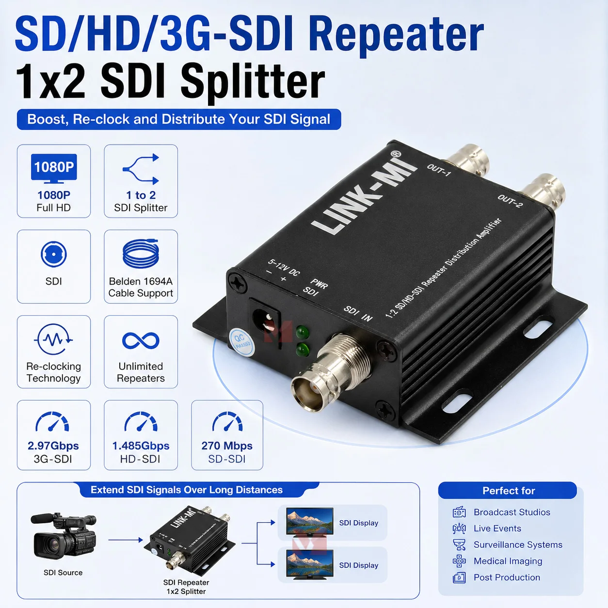 1080P SD/HD/3G-SDI Repeater Signal Boost for Long Distance Coax SDI splitter 1 in 2 Out Repeater Amplifier SD/HD/3G-SDI Repeater
1080P SD/HD/3G-SDI Repeater Signal Boost for Long Distance Coax SDI splitter 1 in 2 Out Repeater Amplifier SD/HD/3G-SDI Repeater