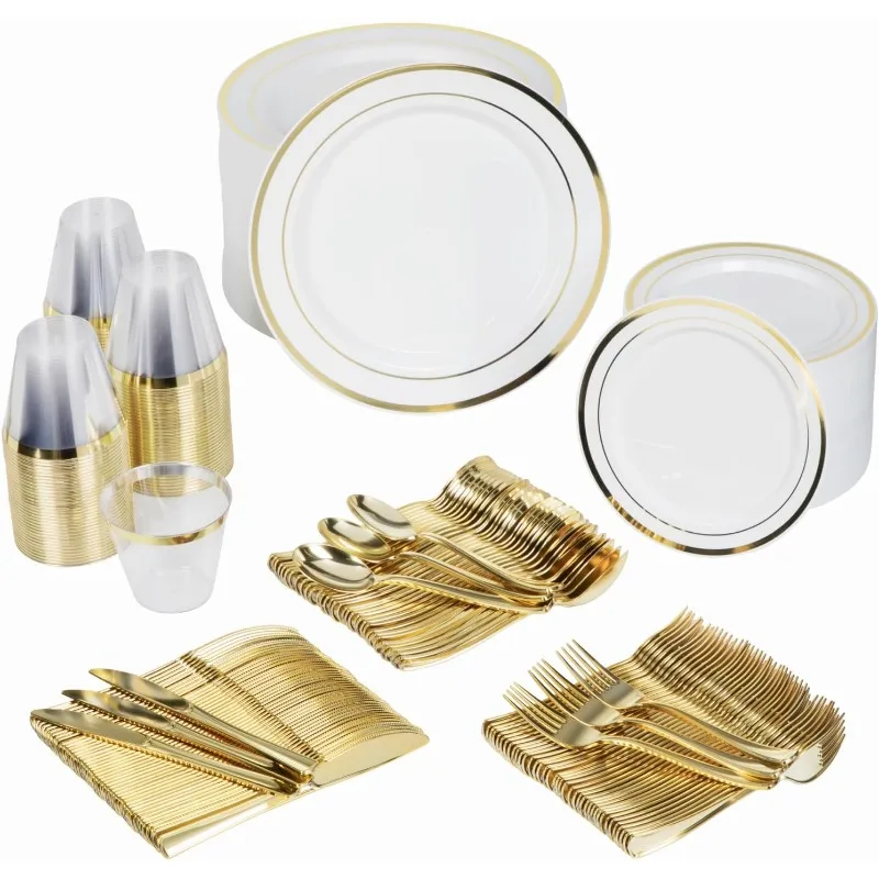 600-Piece Disposable Party Dinnerware Set for 100 Guests - Gold Silverware Disposable with Plates, Cups, Knives, Forks,
600-Piece Disposable Party Dinnerware Set for 100 Guests - Gold Silverware Disposable with Plates, Cups, Knives, Forks,