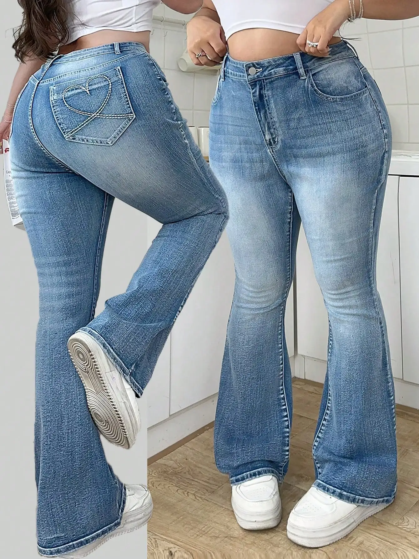 Plus Size Blue Denim Flare Jeans with Heart Embroidery, Casual Women's Fall Pants
Plus Size Blue Denim Flare Jeans with Heart Embroidery, Casual Women's Fall Pants