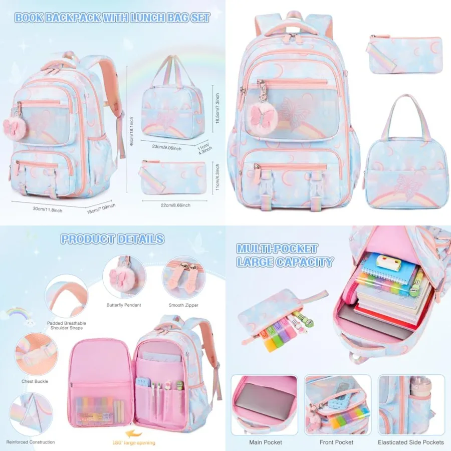 Backpack for Girls, Rainbow Butterfly Girls Backpacks with Lunch Bag Pencil Case Set, Backpack Kindergarten Elementary Middle S
Backpack for Girls, Rainbow Butterfly Girls Backpacks with Lunch Bag Pencil Case Set, Backpack Kindergarten Elementary Middle S