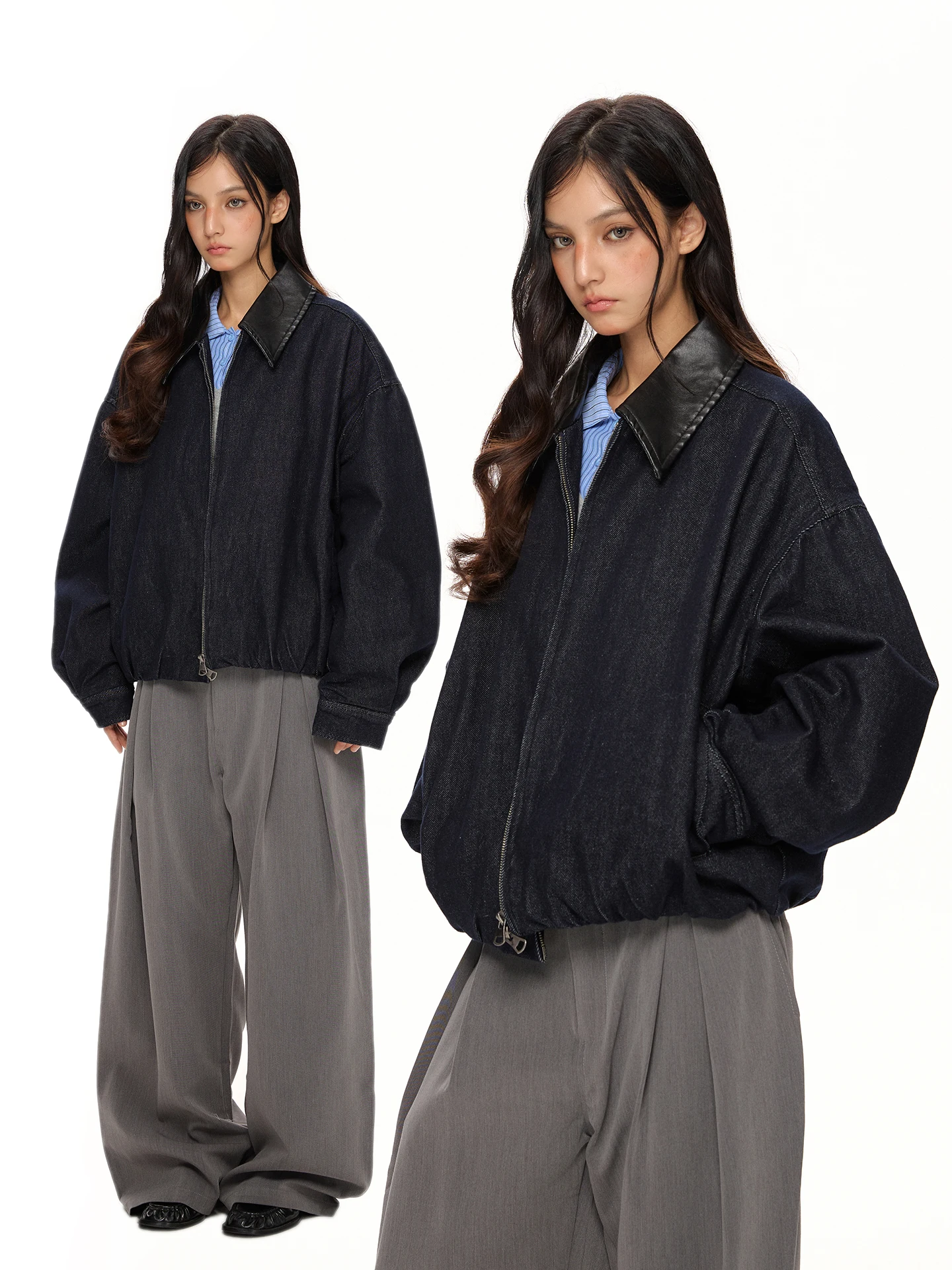 VAT American Retro Leather Collar Denim Jaet Women's Simple Pleated Silhouette Casual Cleanfit ort Coat Zipper Closure
VAT American Retro Leather Collar Denim Jaet Women's Simple Pleated Silhouette Casual Cleanfit ort Coat Zipper Closure