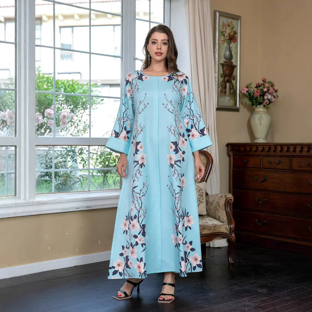 Middle East Saudi Arabia Muslim Luxury Fashion Round Neck Robe Dubai Abaya Hot Diamond Cannon Bead Printed Dress
Middle East Saudi Arabia Muslim Luxury Fashion Round Neck Robe Dubai Abaya Hot Diamond Cannon Bead Printed Dress