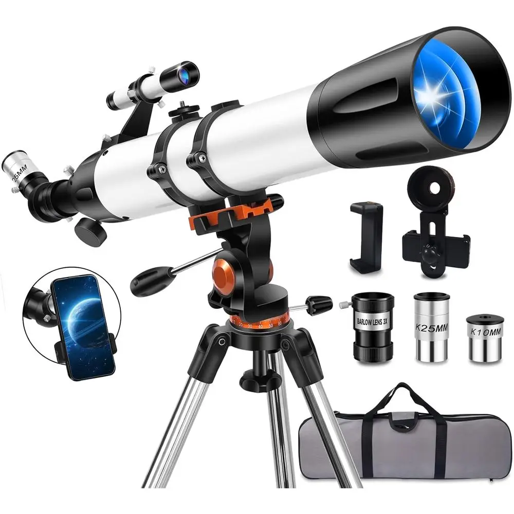 Astronomy Telescope with 90mm Aperture and 800mm Focal Length, 32X-240X Zoom, Altitude-Azimuth Mount, Tripod, and Carry Bag
Astronomy Telescope with 90mm Aperture and 800mm Focal Length, 32X-240X Zoom, Altitude-Azimuth Mount, Tripod, and Carry Bag