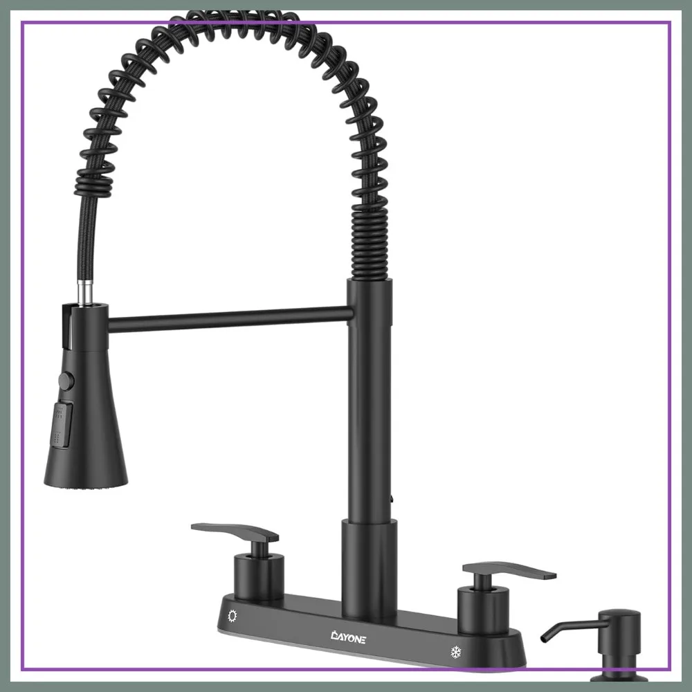 Two Handles Kitchen Faucet with Pull Down Sprayer and Soap Dispenser, Spring Matte Black Pull Out Kitchen Sink Faucet for 3/4 Holes Sink, High Arc Stainless Steel Faucet for Kitchen Bar RV
Two Handles Kitchen Faucet with Pull Down Sprayer and Soap Dispenser, Spring Matte Black Pull Out Kitchen Sink Faucet for 3/4 Holes Sink, High Arc Stainless Steel Faucet for Kitchen Bar RV