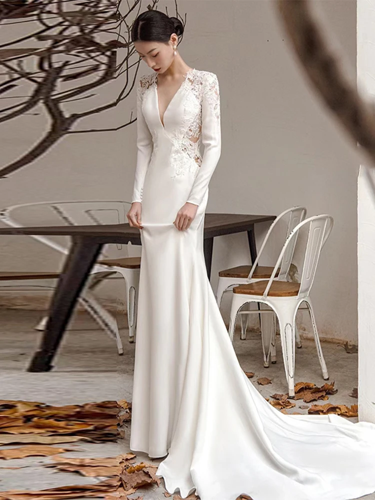 Silk Satin V-Ne Long Sve Lace Bal Fi Tail Wedding Dr Ele Simple Korean Sle mid Waist Draped Tail
Silk Satin V-Ne Long Sve Lace Bal Fi Tail Wedding Dr Ele Simple Korean Sle mid Waist Draped Tail