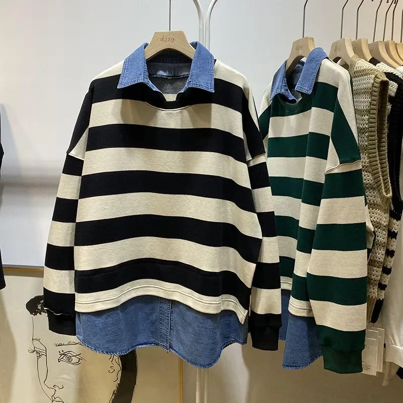 2024 Spring Autumn New Turn-down Collar Fashion Long Sleeve Sweatshirts Women Striped Contrast Color Fake Two Pieces Pullovers
2024 Spring Autumn New Turn-down Collar Fashion Long Sleeve Sweatshirts Women Striped Contrast Color Fake Two Pieces Pullovers