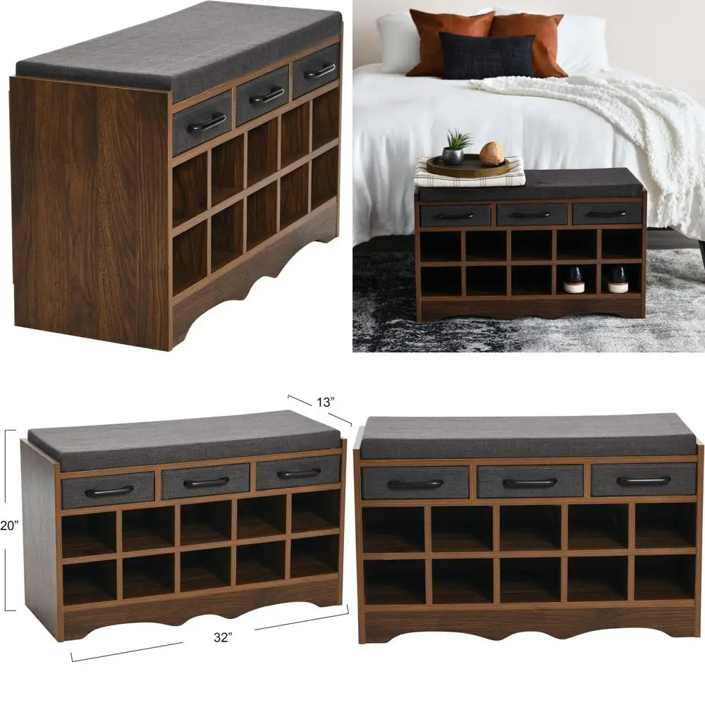 Entryway Storage Bench with Cushioned Seat, 3 Drawers, 10 Shoe Compartments in Century Walnut Grain
Entryway Storage Bench with Cushioned Seat, 3 Drawers, 10 Shoe Compartments in Century Walnut Grain