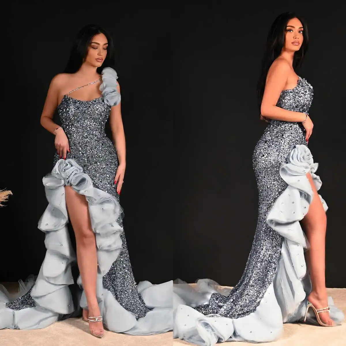 Fashionable Prom Dresses Shining Sequined Contract Color Mermaid Chapel Train Strapless Sleeves Formal Dress Custom Made
Fashionable Prom Dresses Shining Sequined Contract Color Mermaid Chapel Train Strapless Sleeves Formal Dress Custom Made