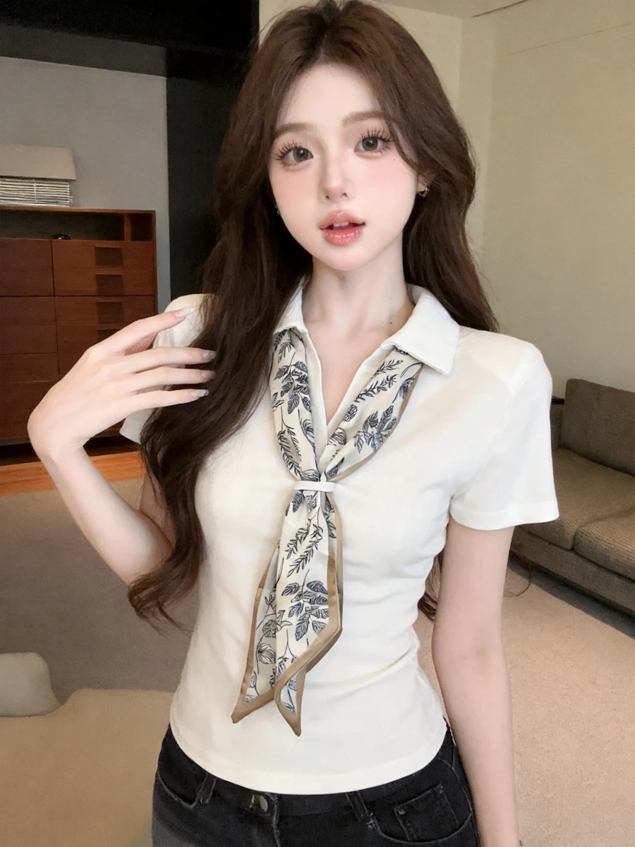 Summer New Style Women's Neck Short Sleeve T-Shirt with Self-Kept Silk Scarf Slim Fit Korean Version Commute Wear
Summer New Style Women's Neck Short Sleeve T-Shirt with Self-Kept Silk Scarf Slim Fit Korean Version Commute Wear