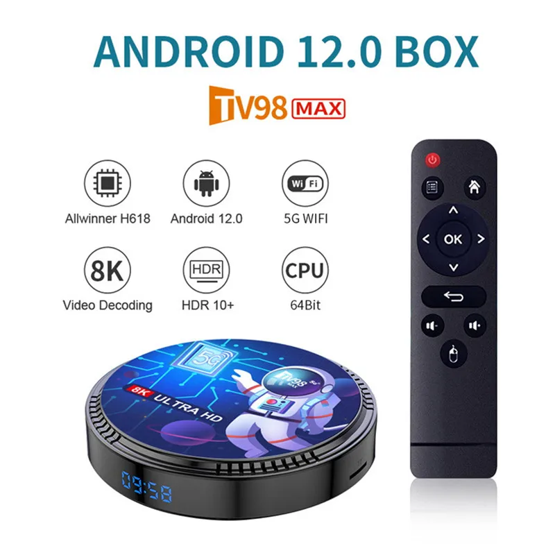 TV98 MAX Android 12 Smart TV Box Allwinner H618 4G 64 ГБ 8K 2.4G 5.8G Двухдиапазонный WiFi6 BT4.0 Голосовой пульт дистанционного управления Set top box
TV98 MAX Android 12 Smart TV Box Allwinner H618 4G 64 ГБ 8K 2.4G 5.8G Двухдиапазонный WiFi6 BT4.0 Голосовой пульт дистанционного управления Set top box