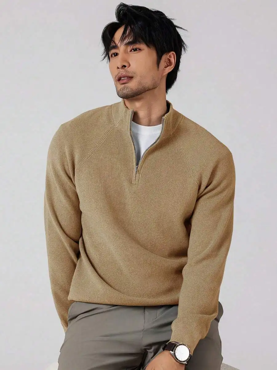 Men's Beige Quarter-Zip Ribbed Knit Sweater for Autumn Winter Casual Wear
Men's Beige Quarter-Zip Ribbed Knit Sweater for Autumn Winter Casual Wear