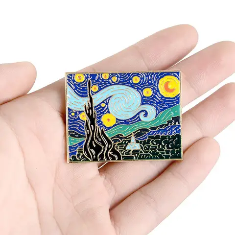 Broche de pintura al óleo de Van Gogh, sol personalizado, Luna y cielo estrellado, insignia de Metal creativa de dibujos animados, accesorios