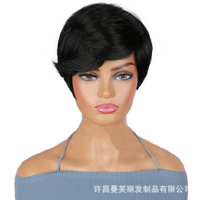 European and American style women's black short straight hair with bangs, rose net synthetic fiber wig
European and American style women's black short straight hair with bangs, rose net synthetic fiber wig