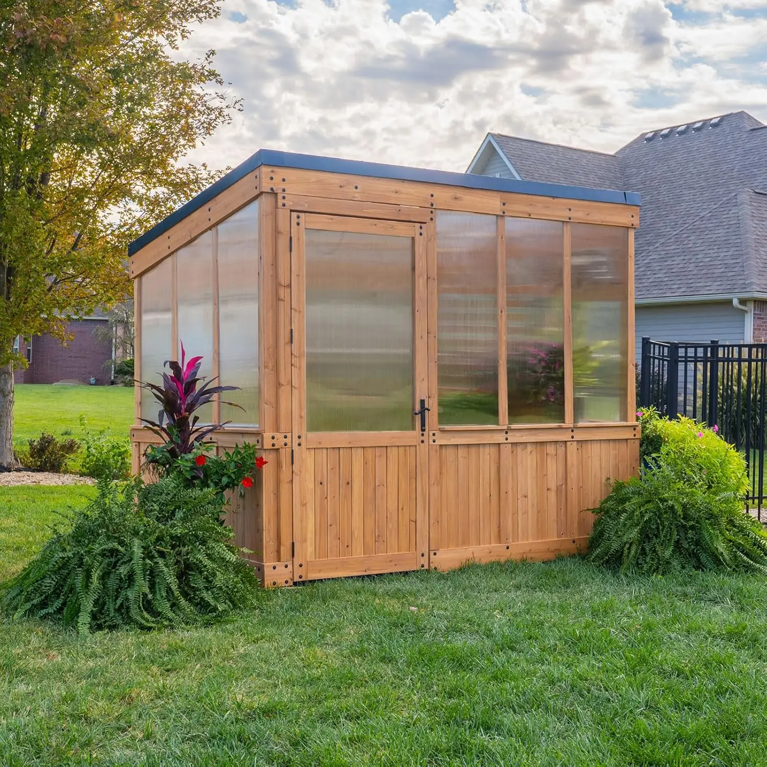Willow 9' x 6' Cedar Wood and Polycarbonate Walk-in Greenhouse Kit with Fan, Windows, Hose Hook-Ups, PowerPort, Staging
Willow 9' x 6' Cedar Wood and Polycarbonate Walk-in Greenhouse Kit with Fan, Windows, Hose Hook-Ups, PowerPort, Staging