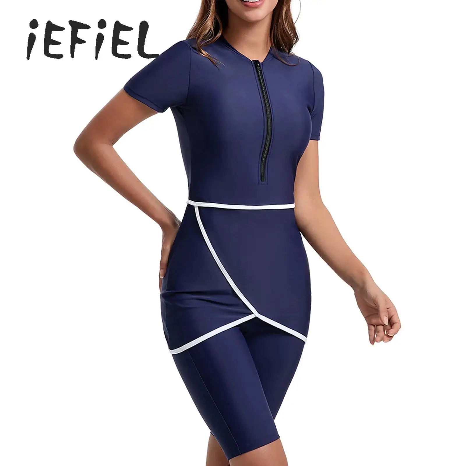 Women Two Pieces Swimwear Short Sleeve Swimsuit Set Half Zipper Wireless Chest Pads Skirted Top with Swim Shorts Beach Volleybal
Women Two Pieces Swimwear Short Sleeve Swimsuit Set Half Zipper Wireless Chest Pads Skirted Top with Swim Shorts Beach Volleybal